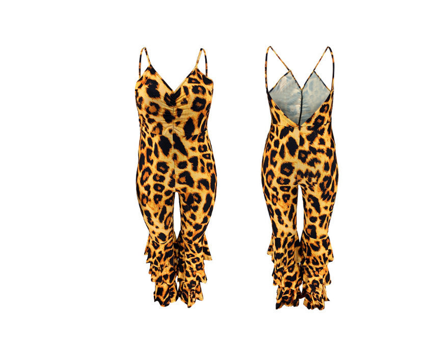Oversized Women's Jumpsuit With Back V-neck Sexy Leopard Print Suspenders