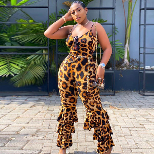 Oversized Women's Jumpsuit With Back V-neck Sexy Leopard Print Suspenders