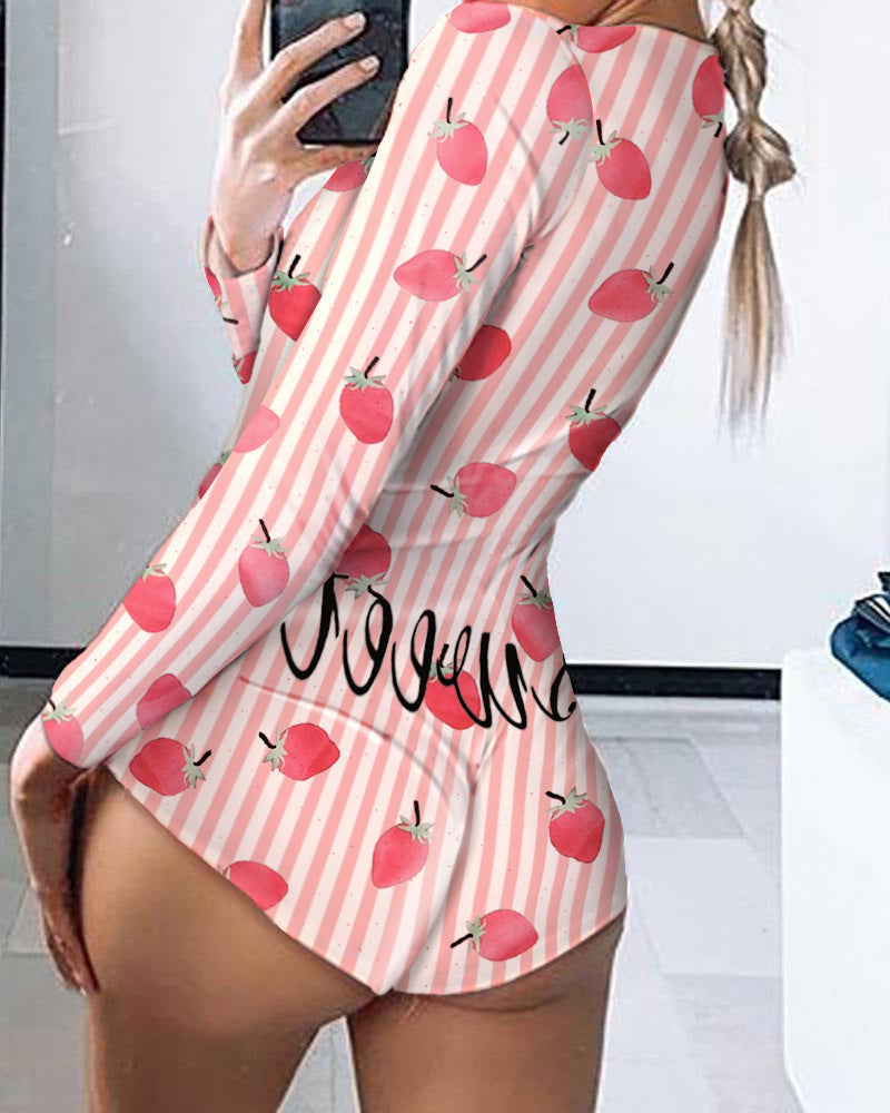 Printed Long-sleeved Pajamas Deep V Nightclub Tight Sexy Jumpsuit
