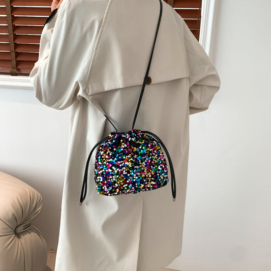 Crossbody Drawstring Pleated Design Soft Color Sequin Bag