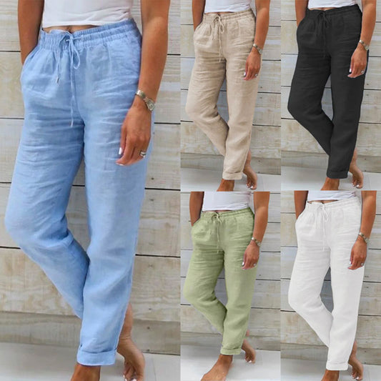 Cotton And Linen Women's High Waist Elastic Waist Solid Color Cotton And Linen Casual Pants